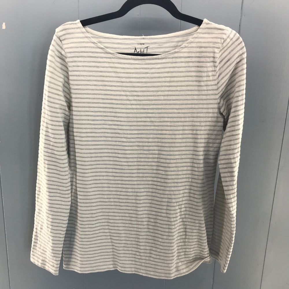 J. Crew gray, white, and metallic artist T long sleeve striped size M